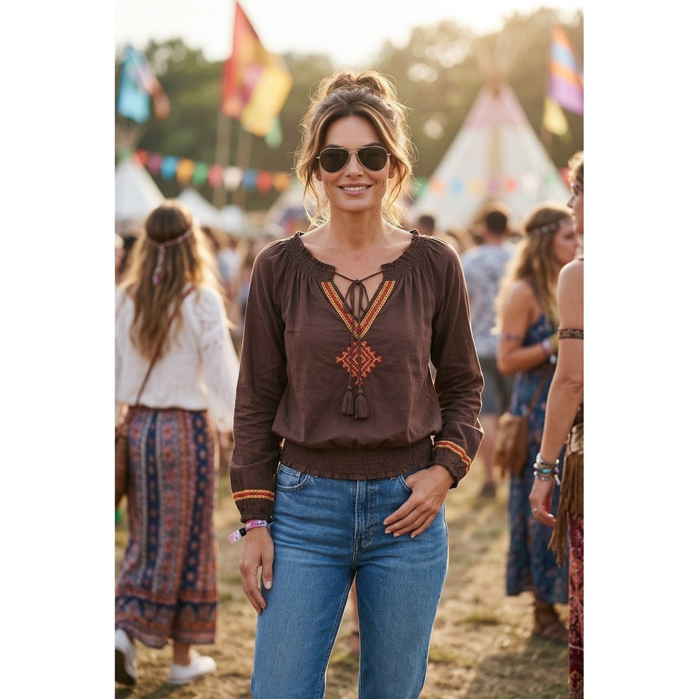 Miley Cyrus Max Azria Boho Peasant Blouse Embroidered Tassel Top